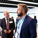** A CBV (Chartered Business Valuator) attending a valuation conference, networking with other professionals. Focus on a modern conference setting with diverse attendees.

**