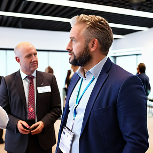 Home 4 ** A CBV (Chartered Business Valuator) attending a valuation conference, networking with other professionals. Focus on a modern conference setting with diverse attendees.
**