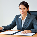 ** A professional businesswoman in a modest business suit, sitting at a desk in a modern office, fully clothed, appropriate attire, safe for work, perfect anatomy, natural proportions, professional photography, high quality.

**