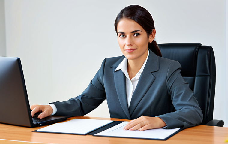 ** A professional businesswoman in a modest business suit, sitting at a desk in a modern office, fully clothed, appropriate attire, safe for work, perfect anatomy, natural proportions, professional photography, high quality.

**