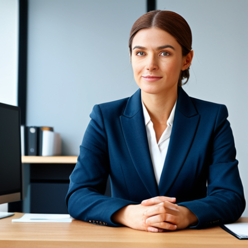 Home 22 ** A professional businesswoman in a modest business suit, sitting at a desk in a modern office, fully clothed, appropriate attire, safe for work, perfect anatomy, natural proportions, professional photography, high quality.
**