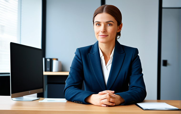 ** A professional businesswoman in a modest business suit, sitting at a desk in a modern office, fully clothed, appropriate attire, safe for work, perfect anatomy, natural proportions, professional photography, high quality.

**