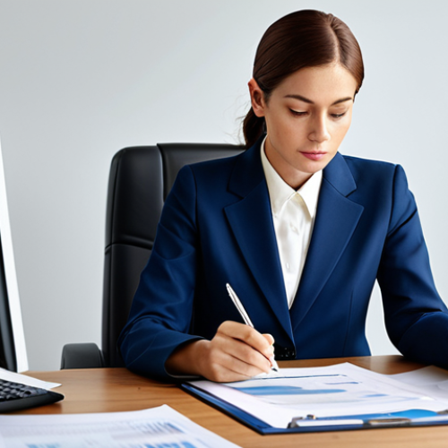Home 9 **
A professional businesswoman in a modest business suit, sitting at a desk in a modern office. She is reviewing financial statements. Fully clothed, appropriate attire, safe for work, perfect anatomy, natural proportions, professional photography, high quality. The scene emphasizes responsible financial analysis and ethical practice. Family-friendly.
**